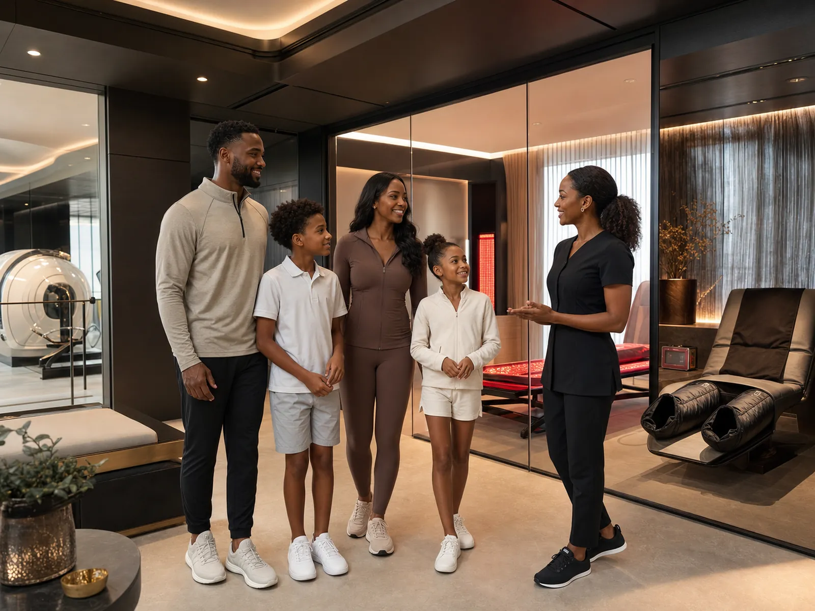 Black family touring a luxury wellness spa with a concierge and recovery equipment visible in adjoining rooms