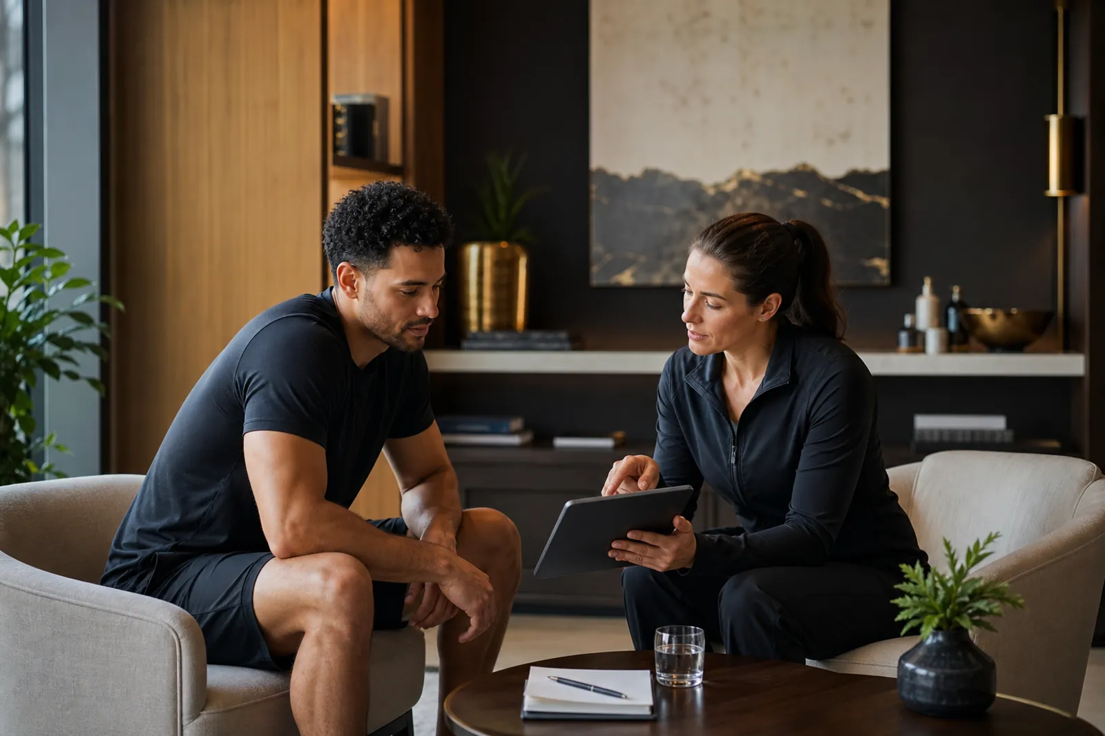 Professional athlete reviewing recovery goals with a wellness clinician