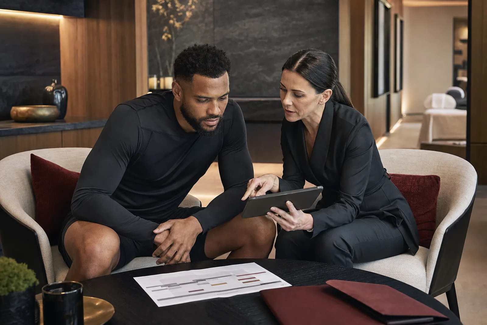 Professional athlete coordinating a recovery itinerary with a wellness concierge