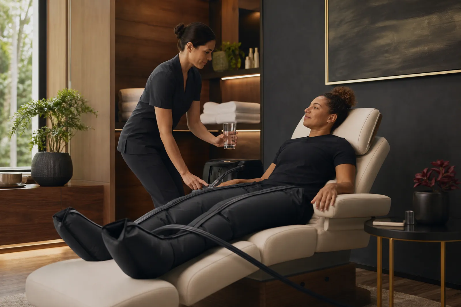 Professional athlete recovering with compression therapy while a provider checks progress