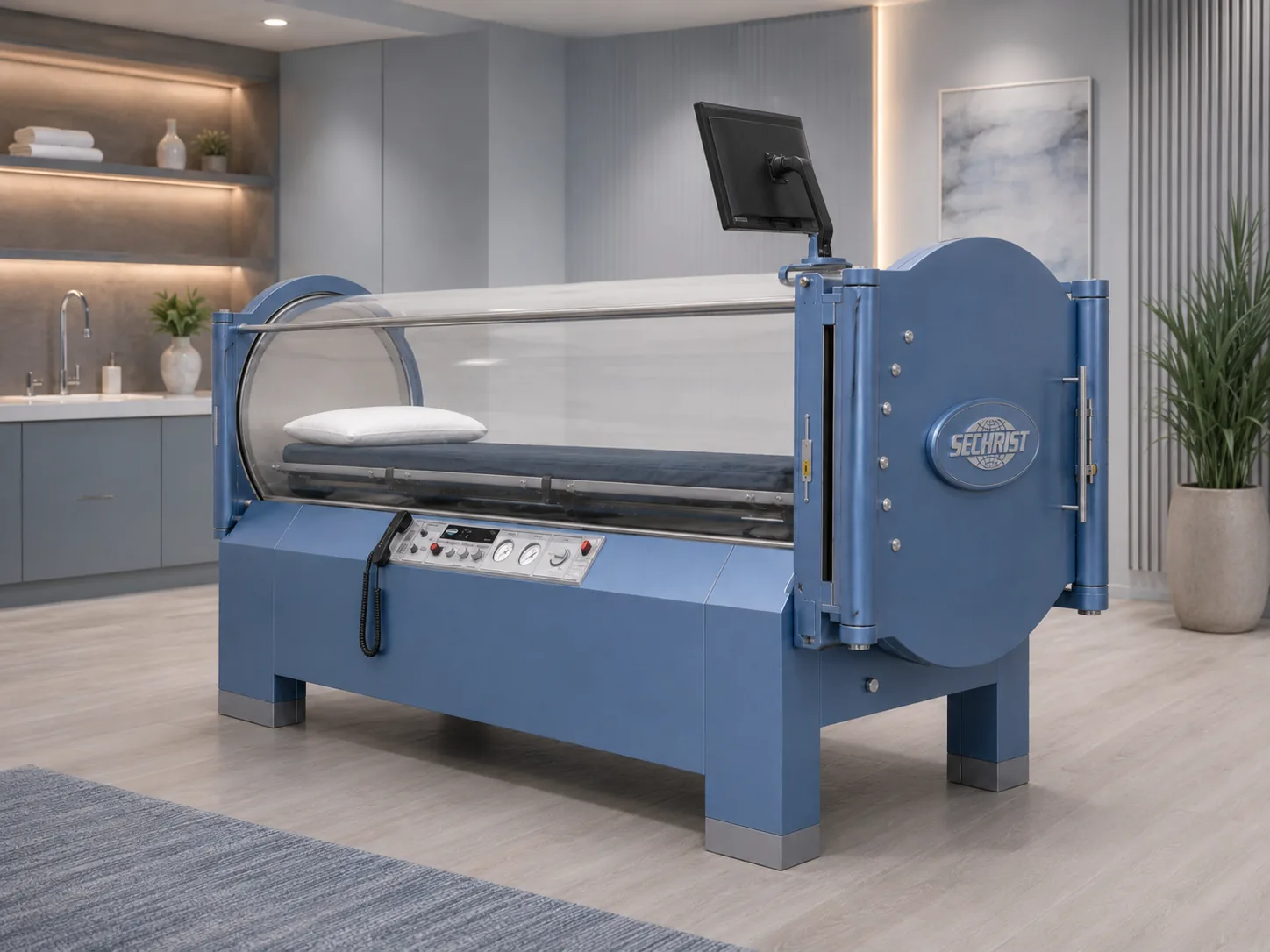 Hyperbaric oxygen chamber in a private treatment room