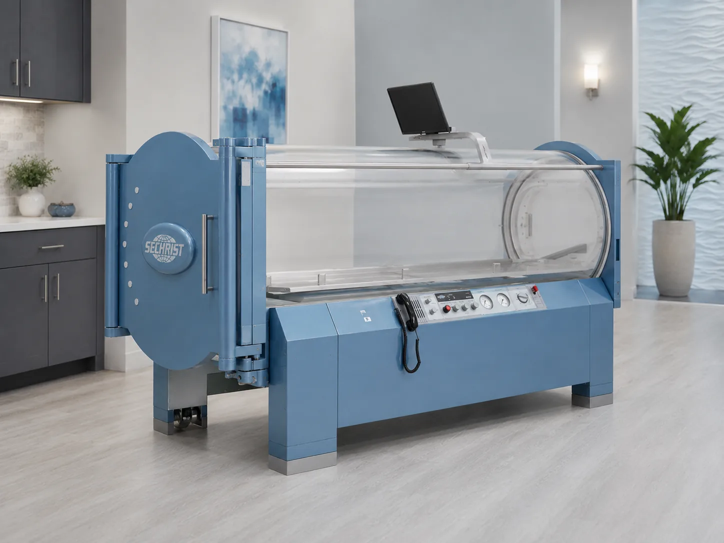 Hyperbaric oxygen equipment inside a bright wellness space