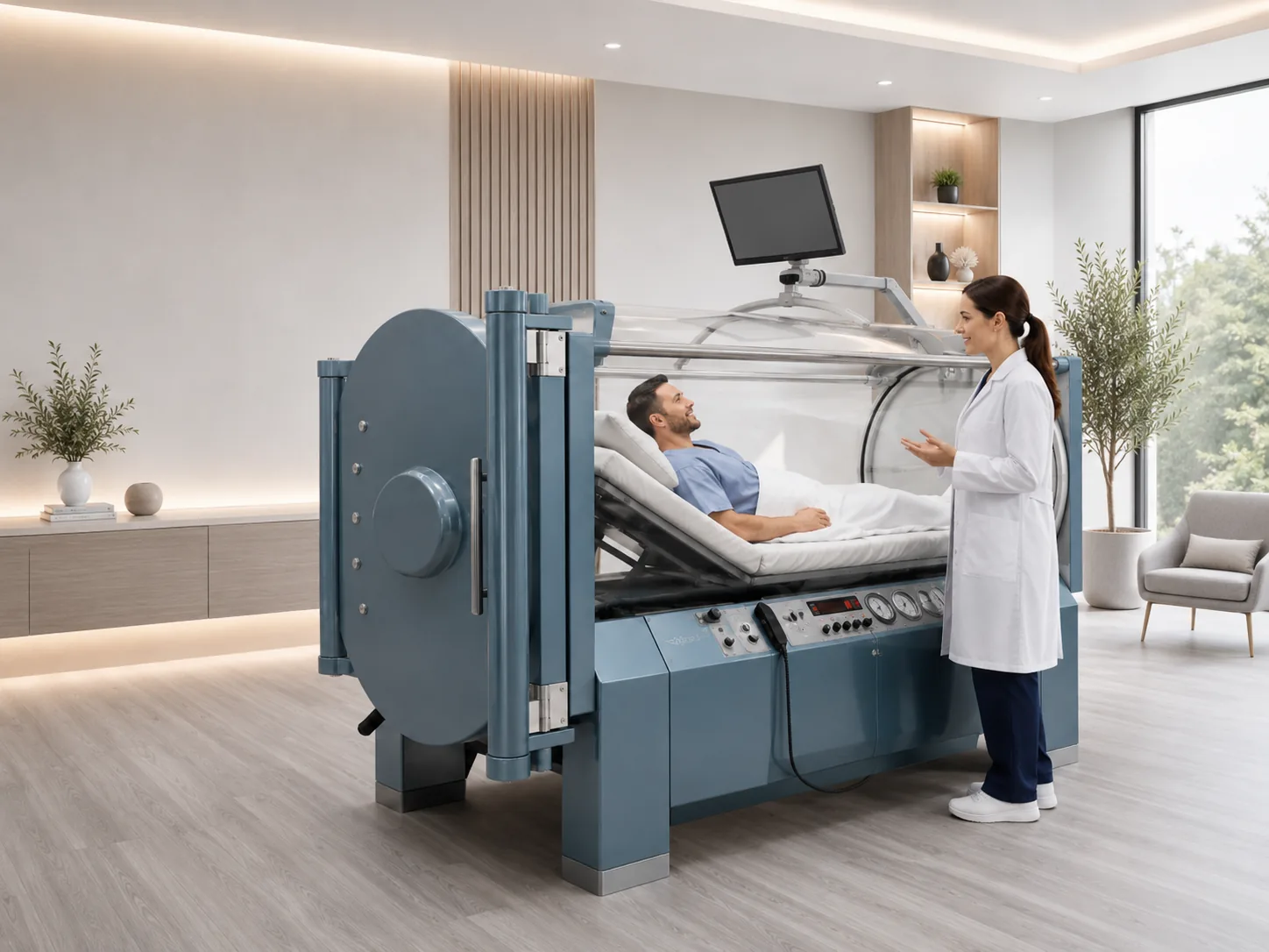Single-person hyperbaric oxygen chamber prepared for a session