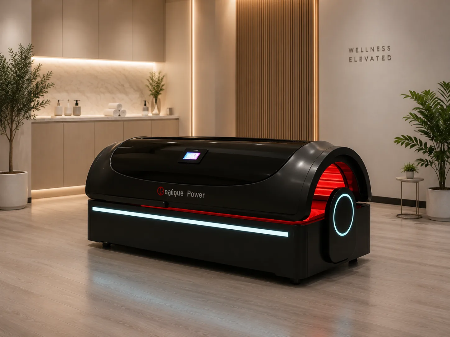 Red light therapy equipment in a bright treatment suite