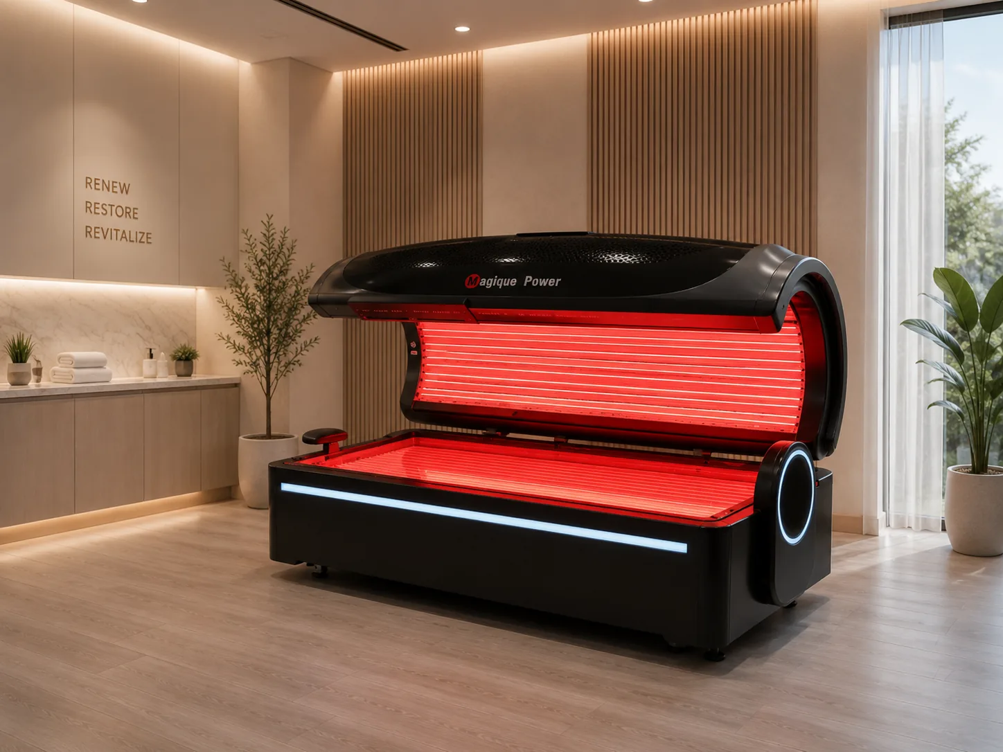 Open red light therapy bed glowing during a prepared session